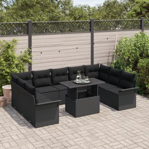  10 darabos kerti kanapé szett párnákkal fekete poli rattan