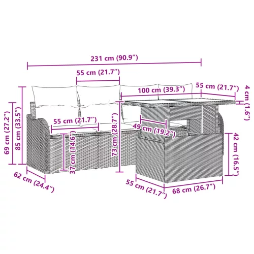  5 Darabos Kerti Kanapé Szett Párnákkal Fekete Poli Rattan