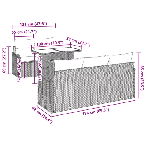  6 Darabos Kerti Kanapé Szett Párnákkal Barna Poli Rattan