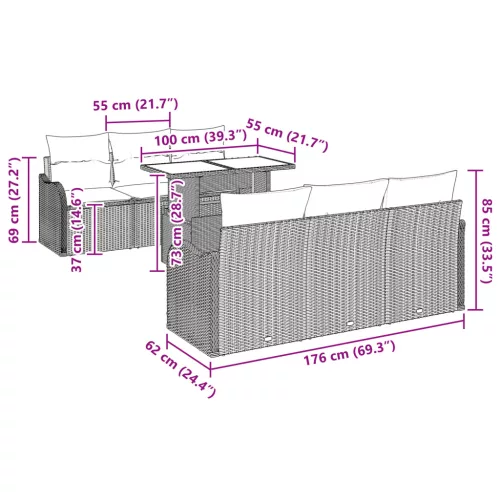  7 darabos kerti kanapé szett párnákkal barna poli rattan
