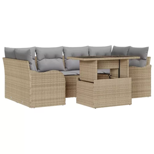  7 Darabos Kerti Kanapé Szett Párnákkal Bézs Poli Rattan