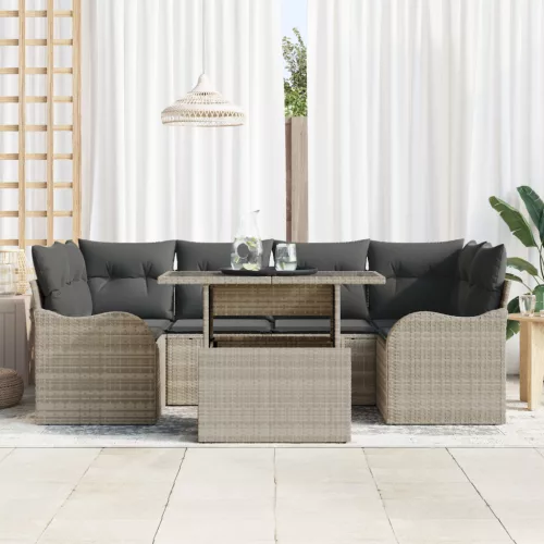  7 darabos kerti kanapé párnákkal, világosszürke poli rattan