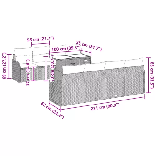  9 darabos kerti dívány szett párnákkal világosszürke poli rattan