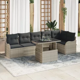    7 darabos kerti kanapé szett párnákkal világosszürke poly rattan