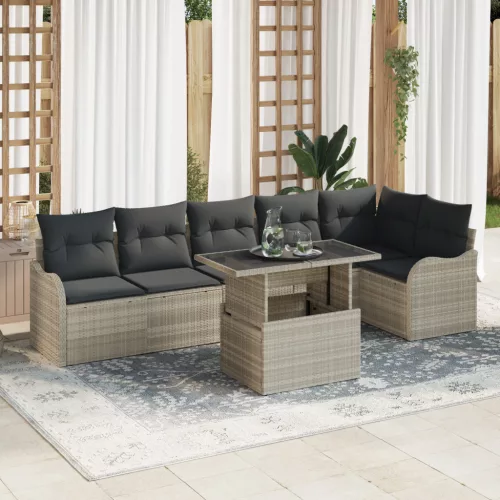  7 darabos kerti kanapé szett párnákkal világosszürke poly rattan