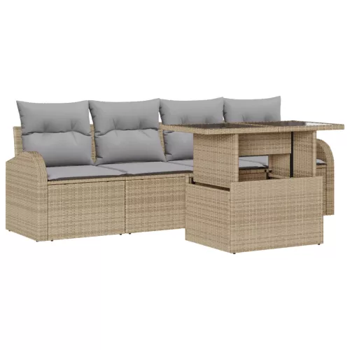  5 részes kerti kanapé szett párnákkal bézs poli rattan