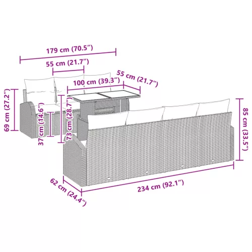  8 részes kerti kanapé szett párnákkal világosszürke poli rattan