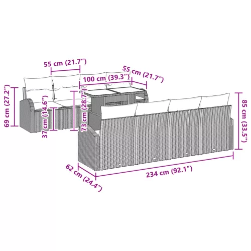  9 Darabos Kerti Kanapé Szett Párnákkal Barna Poli Rattan