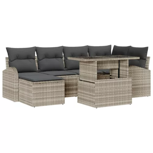  7 részes Kert Sofa Szett Párnákkal Világosszürke Poli Rattan