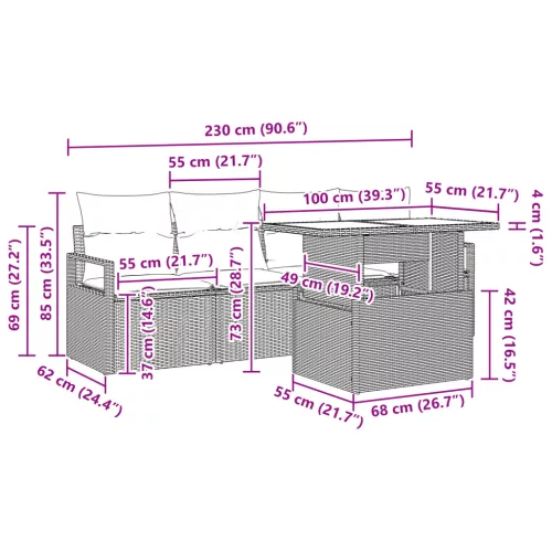  5 részes kerti kanapé szett párnákkal, fekete poli rattan