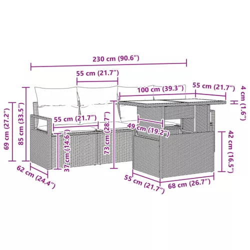  Kerti Kanapé Szett tárolóval párnával 5 pcs Fekete polirattan