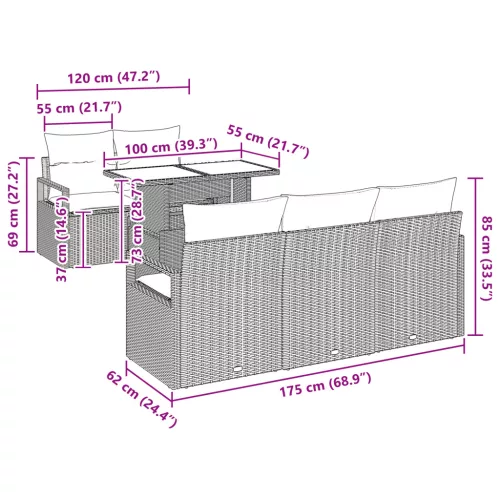  6 Részes Kerti Kanapé Szett Párnákkal Fekete Polirattan