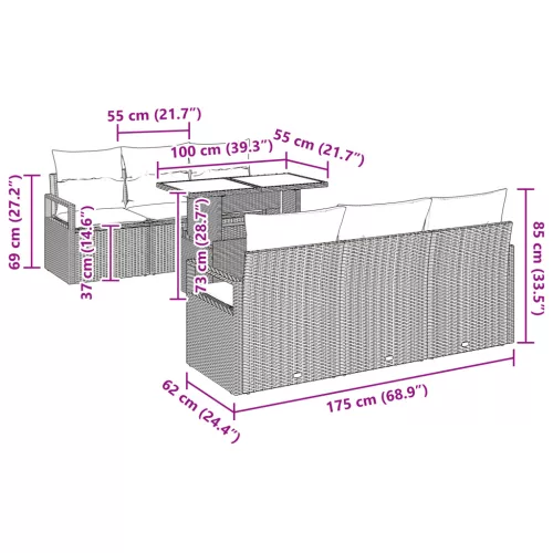  7 darabos kerti kanapé szett párnákkal Szürke Poli Rattan