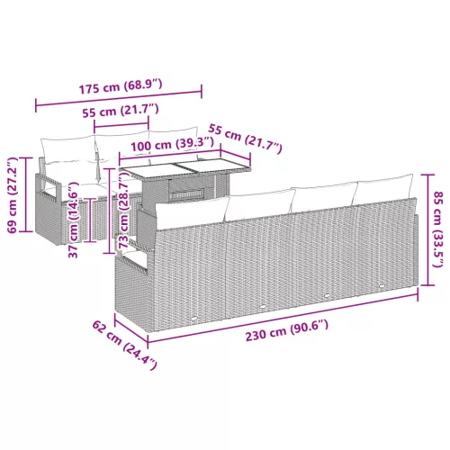  8 Darabos Kert Kanapé Készlet Párnákkal Szürke Poli Rattan