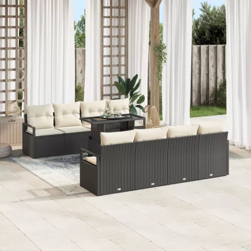  9 darabos kerti kanapé szett párnákkal fekete poli rattan