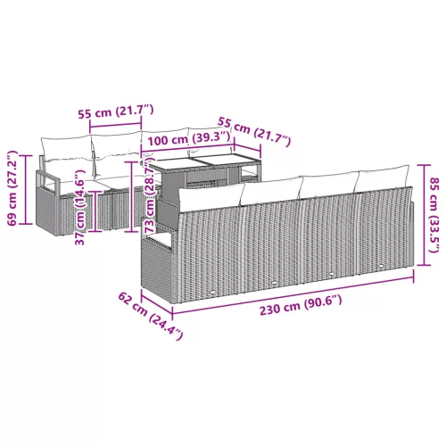  9 Darabos Kert Kanapé Készlet Párnákkal Világosszürke Poli Rattan