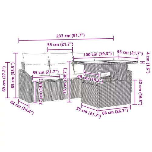  5 részes kerti kanapé szett párnákkal szürke poli rattan
