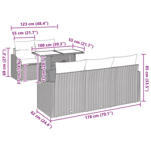  6 Darabos Kert Kanapé Szett Párnákkal Világosszürke Poli Rattan
