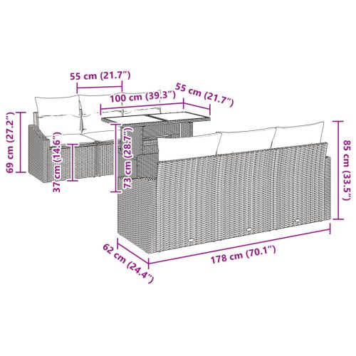  7 darabos kerti kanapé szett párnákkal fekete polirattannal