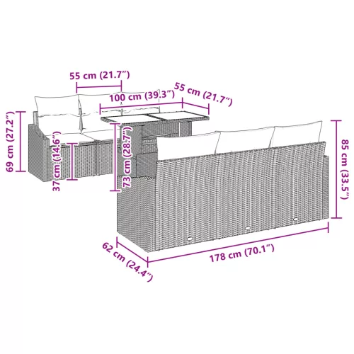  7 darabos kerti kanapé szett párnákkal, barna poli rattan