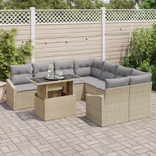  9 darabos Kertiszófakészlet párnákkal, Bézs, Poli rattan