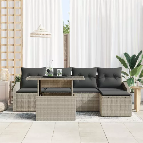  6 részes kerti sofa szett párnákkal világos szürke poli rattan