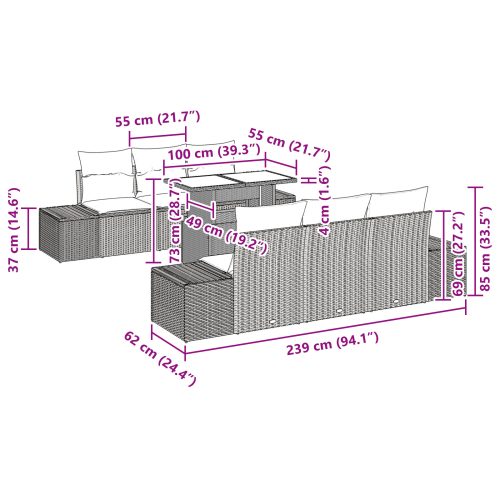  7 részes kerti kanapé szett párnákkal Fekete polirattan