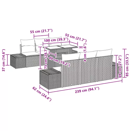  7 darabos Kerti Kanapé Szett Párnákkal Szürke Poli Rattan