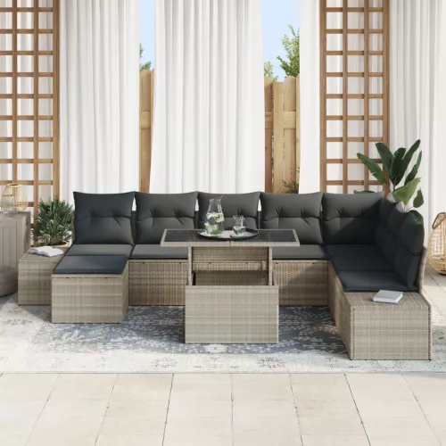  9 darabos kerti kanapé szett párnákkal világosszürke polirattan