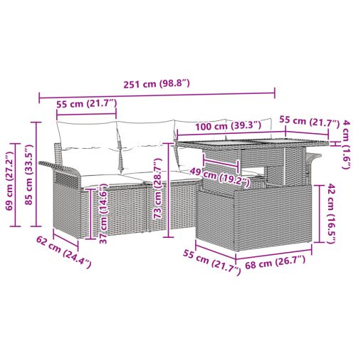  5 darabos Kerti Kanapészett párnákkal, Fekete Poli Rattan Akáciával