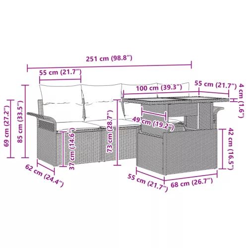  5 darabos kerti kanapé szett párnákkal fekete polirattan akácia