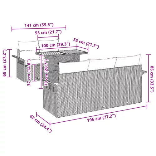  6 darabos kerti kanapé szett párnákkal Fekete poli rattan Akác