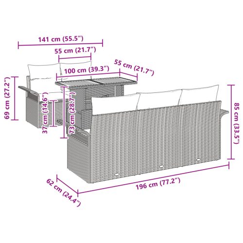  6 Részes Kerti Kanapé Szett Párnákkal Fekete Poli Rattan Eukalyptus
