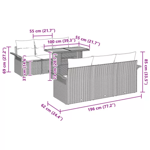  7 Darabos Kerti Kanapé Szett Párnákkal Fekete Poli Rattan Akác