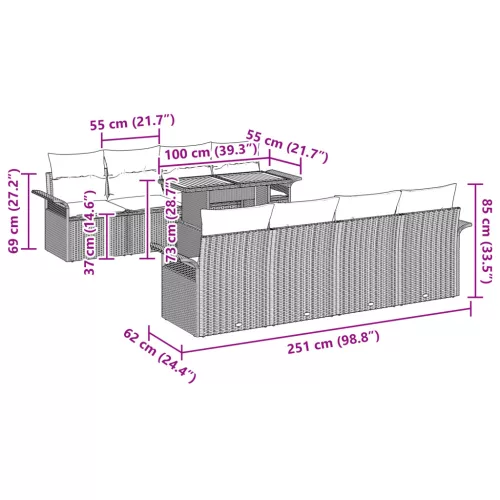  9 Darabos Kerti Kanapé Szett Párnákkal Bézs Poli Rattan Akácia