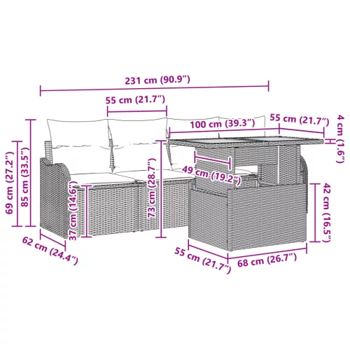  5 részes kerti kanapé szett párnákkal Szürke Polirattan Akácia
