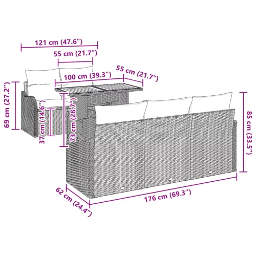  6 Darabos Kert-kanapé Szett Párnákkal Szürke Poly Rattan Akácfa