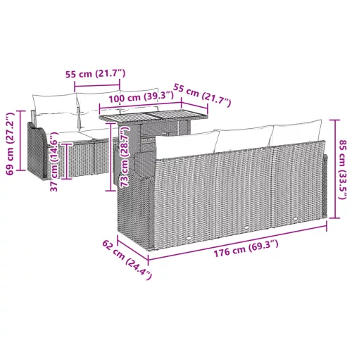  7 darabos Kerti Kanapé Szett Párnákkal Fekete Poli Rattan Akácia