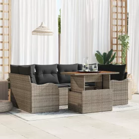    7 Részes Kerti Sofa Szett Párnákkal Szürke Poli Rattan Akácia