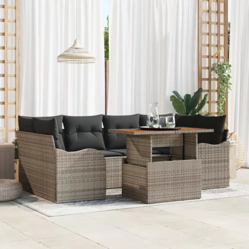  7 Részes Kerti Sofa Szett Párnákkal Szürke Poli Rattan Akácia