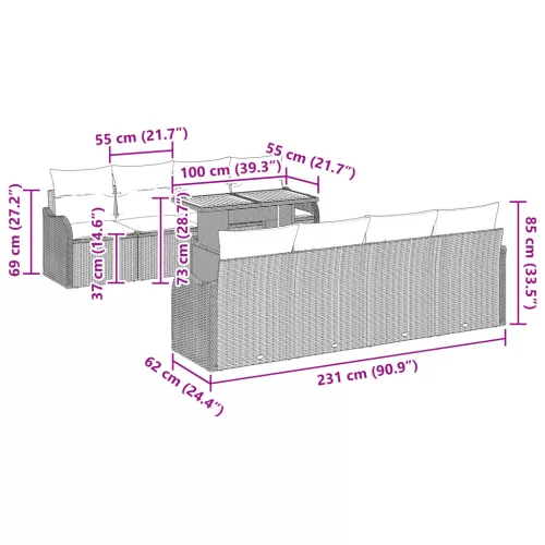  9 részes kerti kanapé szett párnákkal Bézs Polirattan Akác