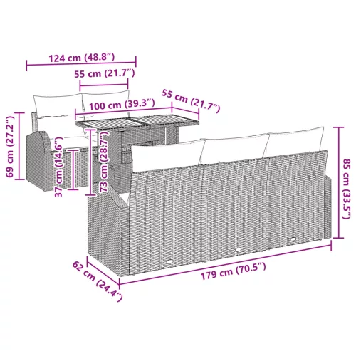  6 részes Kerti Étkező Garnitúra Párnákkal Bézs Poli Rattan Akác