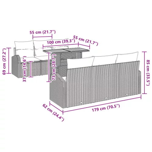  7 darabos Kerti Étkezősor Párnákkal Bézs Poli Rattan Akác