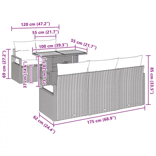  6 darabos kerti kanapé szett párnákkal szürke poli rattan akácalap