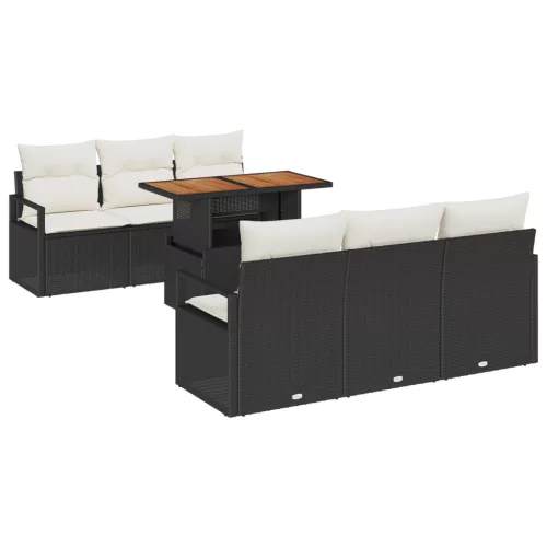  7 Részes Kerti Kanapé Szett Párnákkal Fekete Poli Rattan Akácia