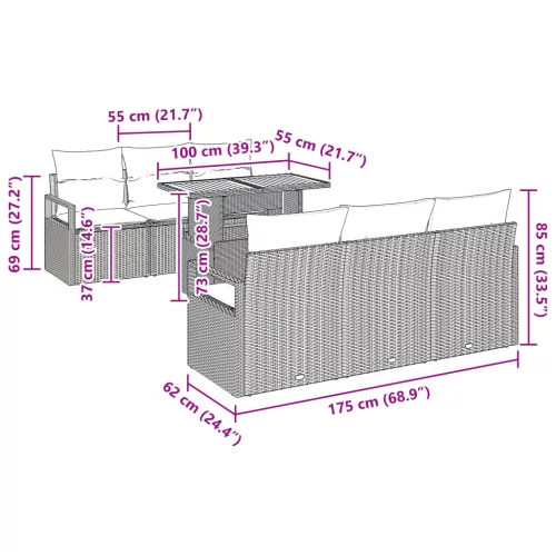  7 Részes Kerti Kanapé Szett Párnákkal Fekete Poli Rattan Akácia
