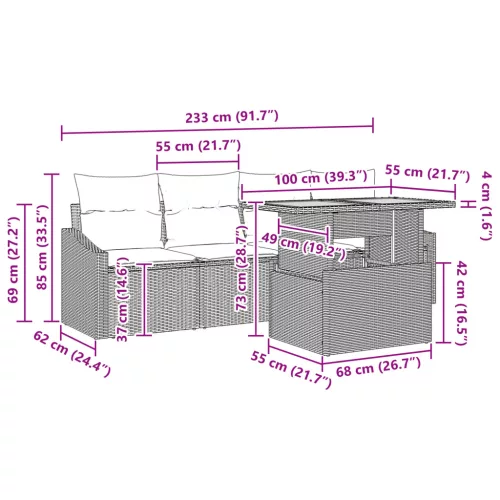  5 Részes Kert Étkezőszett Párnákkal, Fekete Poli Rattan Akáccal