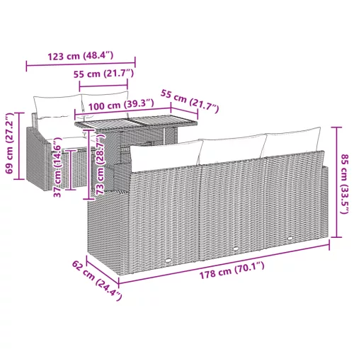  6 Darabos Kerti Étkezőszett Párnákkal Szürke Poli Rattan Akáciából