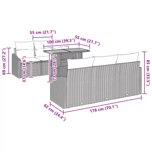  7 darabos Kert Étkező Szett Párnákkal Szürke Poli Rattan Akác