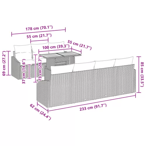  8 darabos kerti étkezőszett párnákkal fekete poli rattan akáciából